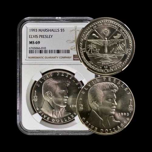 マーシャル諸島。1993年、5ドル - NGC MS69 - トップポップ ?? エルヴィス・プレスリー
