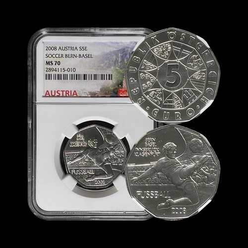 オーストリア。2008年、5ユーロ、シルバー - NGC MS70 - トップポップ?? UEFAユーロ ベルン、バーゼル｜WORLD RESOURCE【QUEEN店】