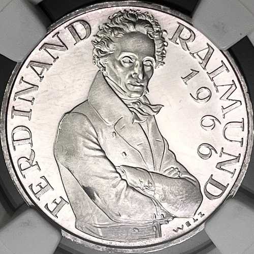 オーストリア。1966年、25シリング、銀貨 - NGC PF66 - フェルディナント・ライムント ?? トーン