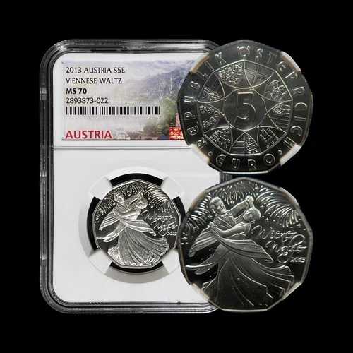 オーストリア。2013年、5ユーロ、シルバー - NGC MS70 - トップポップ??ウィンナワルツ