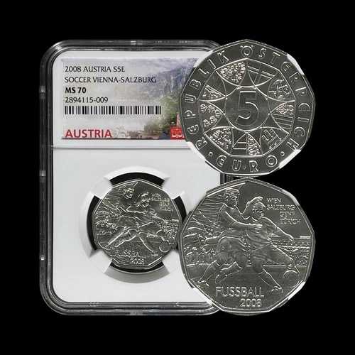 オーストリア。2008年、5ユーロ、シルバー - NGC MS70 - トップポップ?? UEFAユーロ ウィーン ザルツブルク