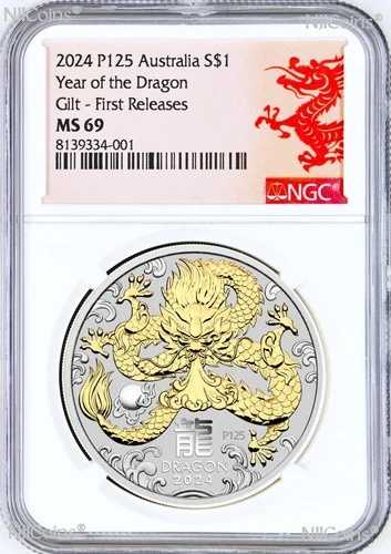 2024年 オーストラリア 金箔押しシルバー 龍の年 NGC MS 69 1オンス コイン FR GILT｜WORLD RESOURCE【QUEEN店】