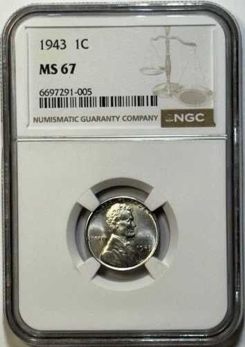 1943 年リンカーン ウィート スチール ペニー - NGC MS67 - 希少な高品位の第二次世界大戦時の「スティール」!