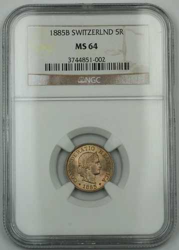 1885-B スイス スイス 5 ラッペン コイン *Gem BU* NGC MS-64 かすかな斑点 59,895円