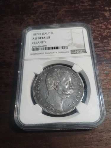 1879-R イタリア 5リラ ウンベルト1世、NGC AU 詳細クリーニング済み
