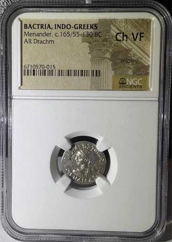 バクトリア・インド・ギリシア人メナンドロス 紀元前165/55-130年 AR ドラクマ NGC Ch VF (015)