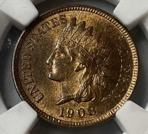 1908年インディアンヘッドセントNGC MS64 RBエグザクトコイン、ほぼフルレッドで撮影