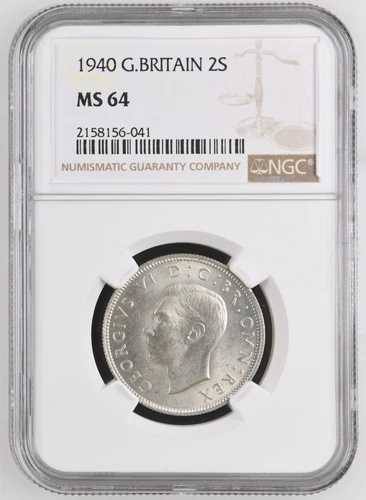 イギリス - 1940年 ジョージ6世 銀貨 フローリン/2シリング - NGC MS64