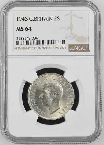 イギリス - 1946年 ジョージ6世 銀貨 フローリン/2シリング - NGC MS64