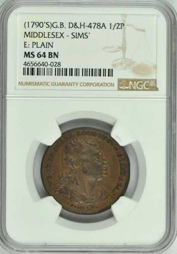 (1790年代) G.B. D&H-478A NGC MS64BN 1/2P ミドルセックス・シムズ・コンダー・トークン 59,895円