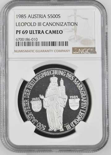 1985年オーストリア 500シリング レオポルド3世 - NGC PF 69 ウルトラカメオ
