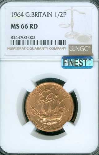 1964 年英国ハーフ ペニー NGC MS66 RD PQ MAC 最高グレード & スポットレス。