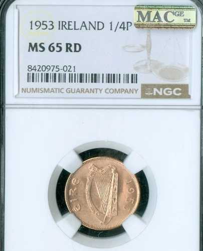 1953年アイルランド ファーシング NGC MS65 RD MAC 2ND 最高グレード & スポットレス。