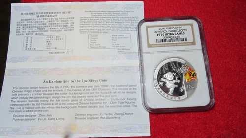 2008年 中国 1オンス .999 銀貨 10元 オリンピックシャトルコック NGC PR70 PF70 W COA