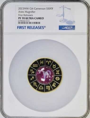 2023年 アリエス・マグニファイアー カメルーン カラーライズド 17.5g .999 シルバー NGC PF70 ウルトラカメオ