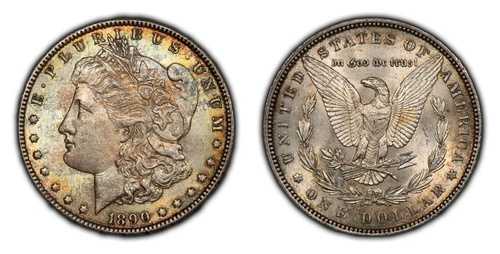 1890年 1ドル モルガン銀貨 - PQ 精巧な虹色調 - NGC MS 64 - D4662