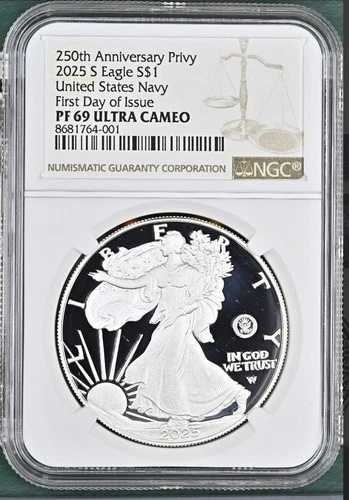 2025-S プルーフ $1 250th NAVY US Privy Silver Eagle NGC PF69 UC Brown 初日