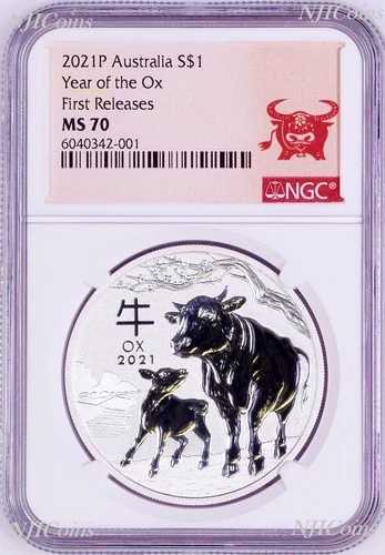 2021年 オーストラリア .9999 地金銀 丑年 NGC MS70 1オンス 1ドルコイン