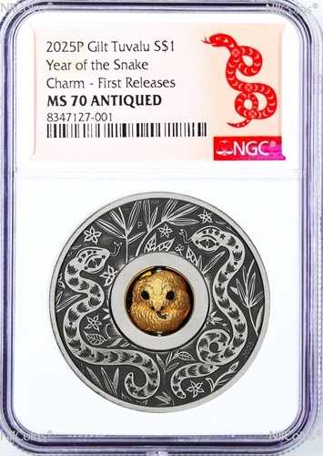 2025年 太陰暦 蛇年 1オンス 1ドル シルバー 回転チャーム アンティークコイン NGC MS70 FR