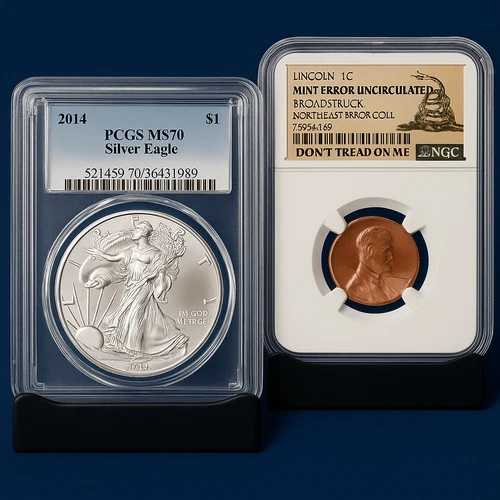 2014年 PCGS MS70 シルバーイーグル + NGC ミントエラー ブロードストラック リンカーンセント | 0118