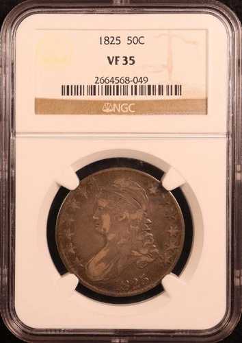 1825 年製 キャップド バスト ハーフ ドル O.112 - NGC VF35 - 美しいアルバム調のオリジナル!