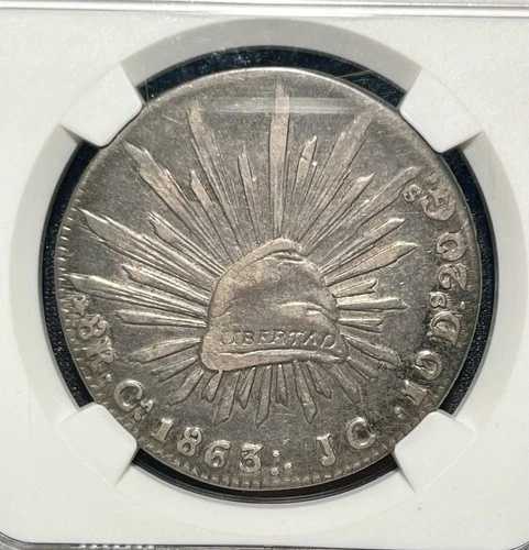 1863 Ca JC メキシコ 8 レアル NGC XF-45 KM #377.6 - 目を楽しませるオリジナルの緑青!!