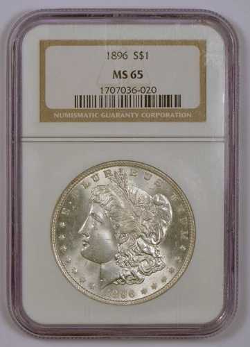フィラデルフィア造幣局発行の1896年モルガン銀貨、NGCによるグレードMS65