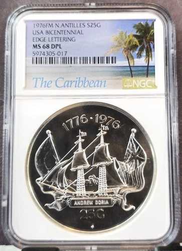 1976年 アンティル諸島 銀貨 25ゴールド アメリカ合衆国 200周年記念 NGC MS 68 DPL 希少