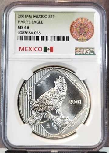 2001年 メキシコ シルバー 5ペソ ハーピーイーグル NGC MS 66 希少 素晴らしい宝石コイン