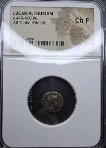 ルカニア ツリウム AR トリオボル/ダイオボル 紀元前443-400年 NGC Ch F アテナ ブル シルバー 古代