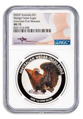 2025年 オーストラリア オナガワシ 1オンス シルバー カラー NGC MS70 サイン付き