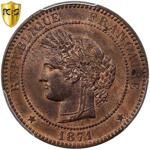 [#19238] フランス、10 サンタイム、セレ、1871 年、パリ、ブロンズ、PCGS、MS63RB、ガドゥリー: 59,400円