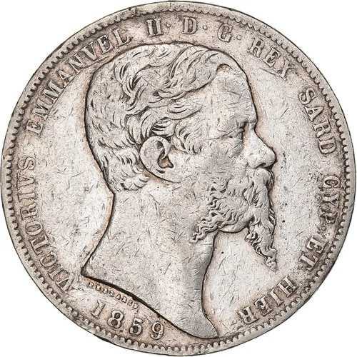 [#198761] イタリア諸州、サルデーニャ、ヴィットーリオ・エマヌエーレ2世、5リラ、1859年、ジェノヴァ、S
