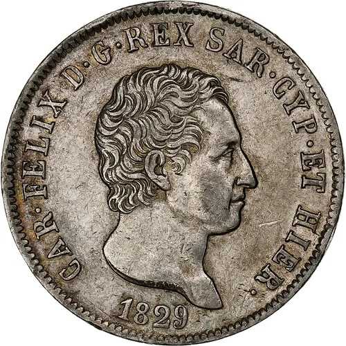 [#1307777] サルデーニャ王国、カルロ・フェリーチェ、5リラ、1829年、ジェノヴァ、銀、AU
