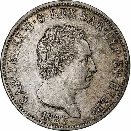 [#1307778] サルデーニャ王国、カルロ・フェリーチェ、5リラ、1827年、ジェノヴァ、銀、AU