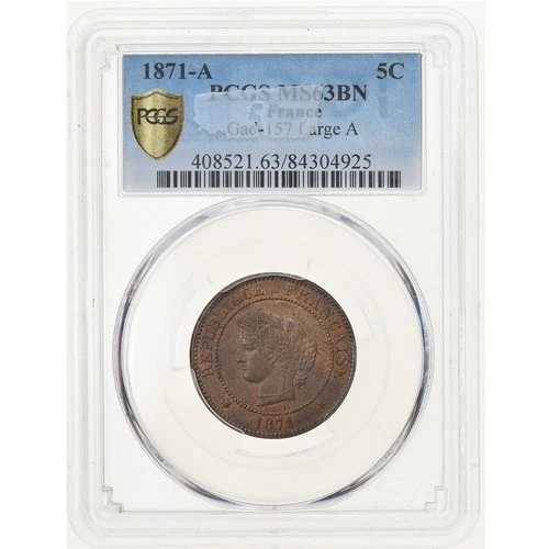 [#874955] コイン、フランス、セレ、5 サンタイム、1871、パリ、PCGS、MS63BN、MS(63)、Br