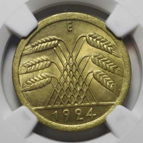 ドイツ ワイマール共和国 1924 E 50 レンテンプフェニッヒ、KM# 34、NGC MS65 GEM!