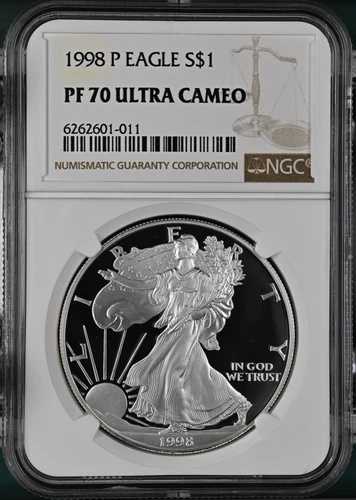 PF70 UCAM 1998-P アメリカン シルバー イーグル - ブラウンラベル NGC スポットフリー ホワイト