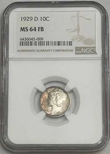 1929年 D マーキュリーダイム 10セント NGC MS64 FB 良好な色調