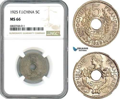 AI581、フランス領インドシナ、5サンチーム、1925年、パリ造幣局、NGC MS66