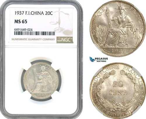 AH597、フランス領インドシナ、20サンチーム、1937年、パリ造幣局、銀貨、NGC MS65