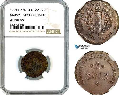 AK556、ドイツ、マインツ、フレデリック・チャールズ・ジョセフ、1793年2ソル L'AN 2、NGC AU58BN