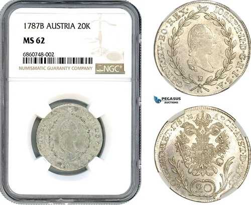 AI741、オーストリア、ヨーゼフ II、20 クロイツァー 1787 B、クレムニッツ ミント、シルバー、NGC MS62