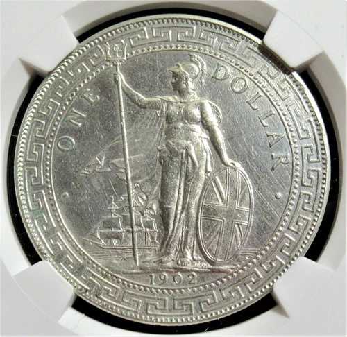 イギリス: 1902-B 銀貿易ドル KM-T5 NGC Unc 詳細。