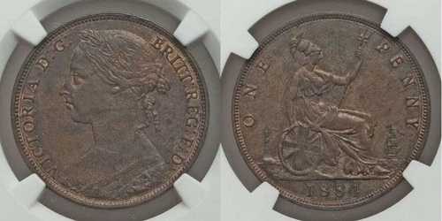 美しい色調の1884年ブロンズコイン、イギリス、1ペニー、ヴィクトリア女王、NGC、AU58 BN