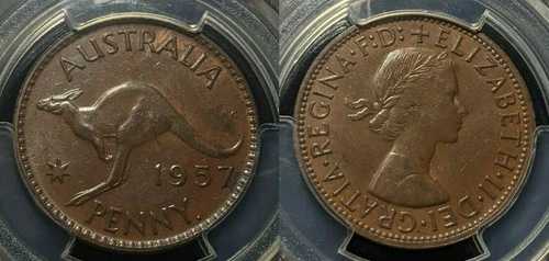 1957年 Y (p) ペニー 1d オーストラリア MS62BN ワイドデイト ヴァリエーション PCGS UNC #1587