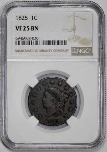 1825年 コロネットヘッド ラージセント 1セント NGC VF 25 BN ブラウン 69,575円