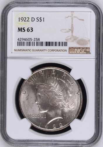:1922-D 1ドル銀貨 ピースドル NGCチョイス MS63 クリア&ブライト最高グレード