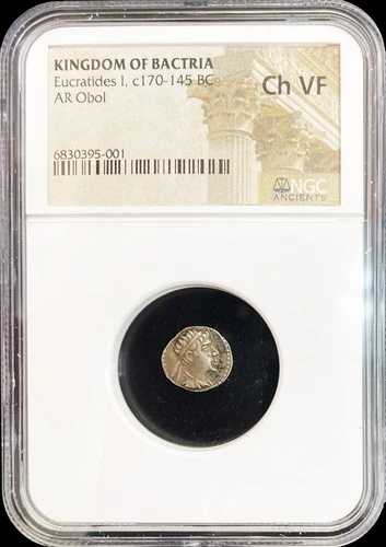 紀元前170-145年 銀 バクトリア インド・ギリシア人 エウクラティデス 大アル・オボル NGC チョイス VF