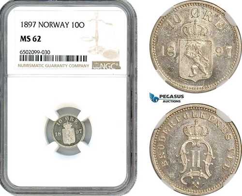 AH719、ノルウェー、オスカー II、10 オーレ 1897、コングスベルグ造幣局、シルバー、NGC MS62
